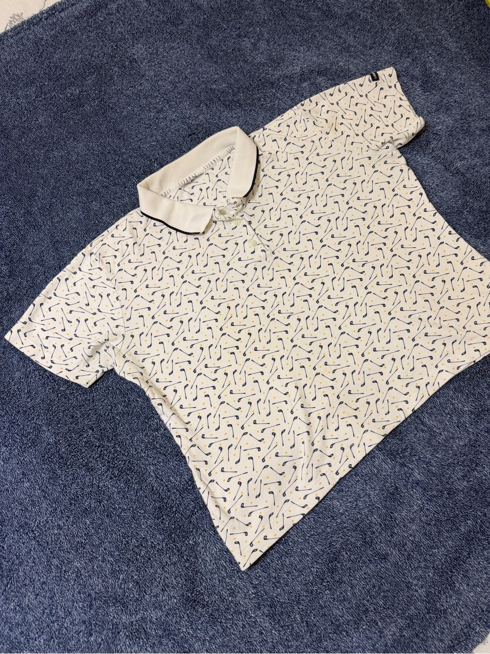 Women White Polo Shirt with Navy Pattern